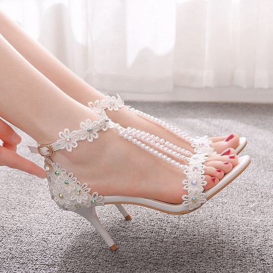 Strap Stiletto Beaded White Lace Flower Heels