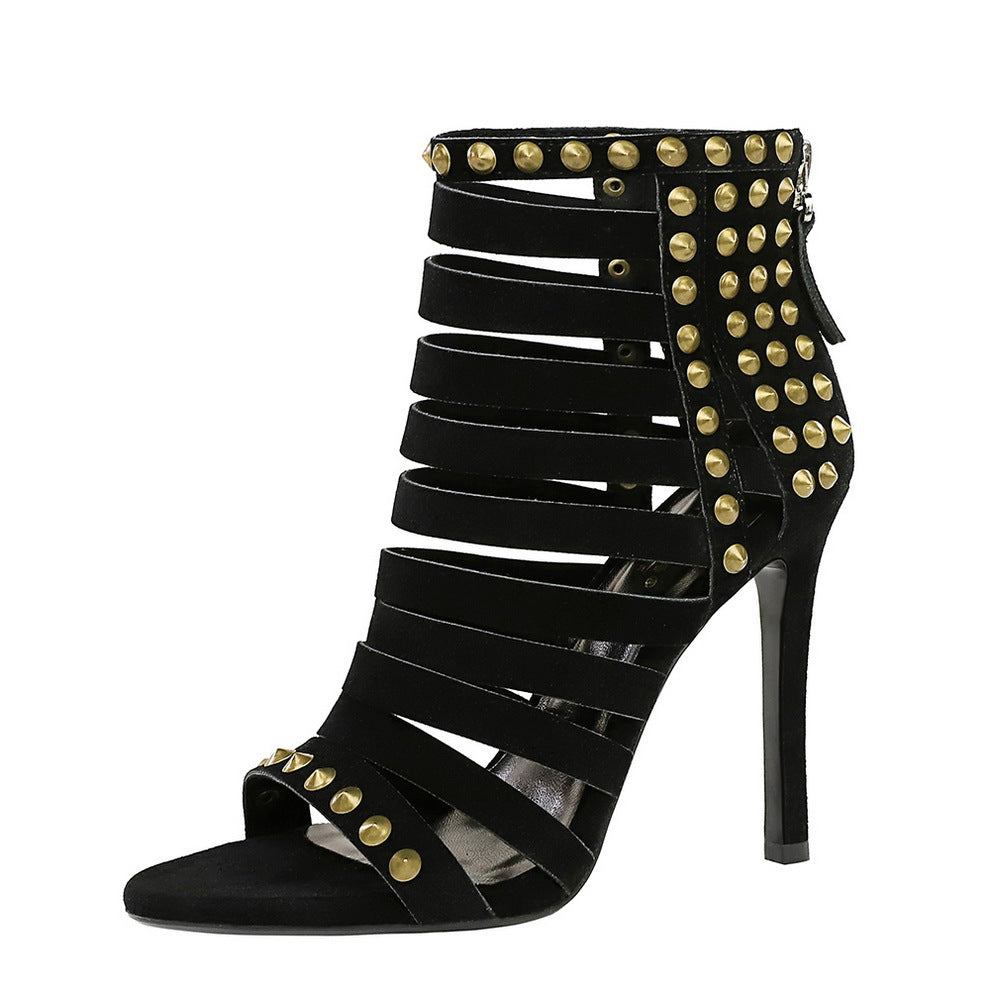 Women's Stiletto Roman Fashionable Back Zipper Rivet Heels