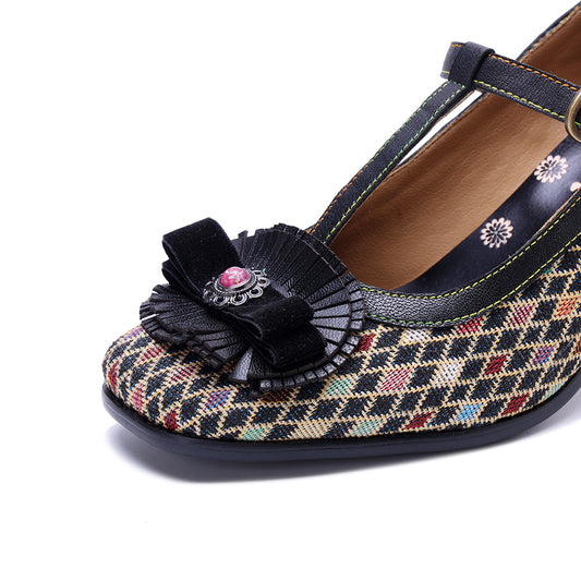 Women's Plaid Printed Three-dimensional Flower Mary Jane Women's Shoes