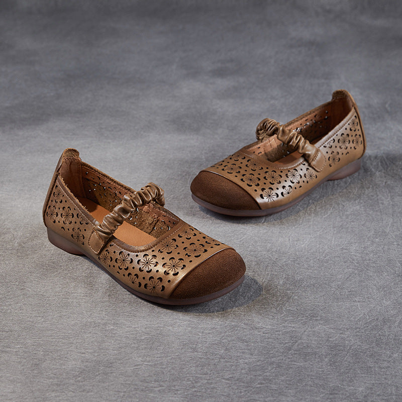Women's First Layer Cowhide Retro Hole Hollow Breathable Soft Bottom Casual Shoes