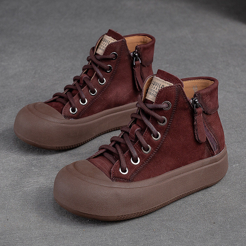 Women's Shu Side Zipper Thin First Layer Cowhide Platform Round Casual Shoes
