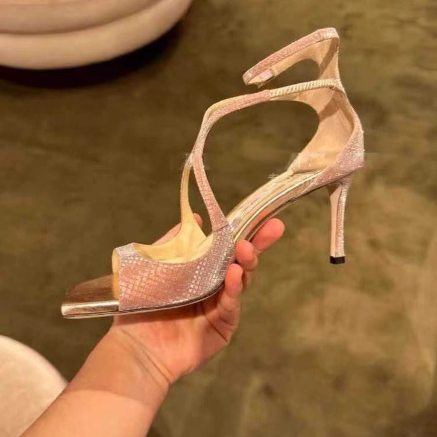 Women's Peep Toe Square Gold Sequined Buckle Summer Cross Heels