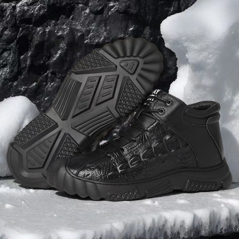 Men's Cotton Cowhide Platform Wool Warm Lace Men's Shoes