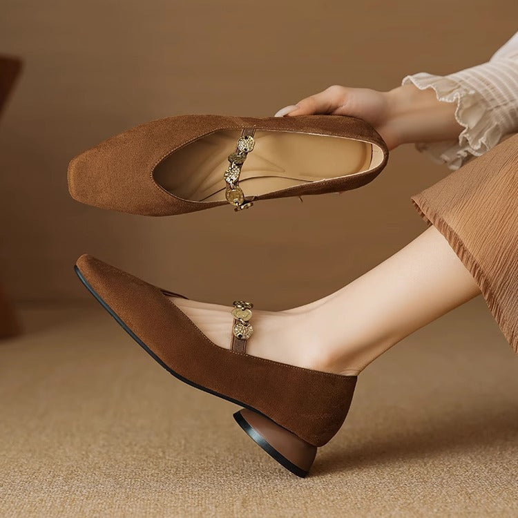 Women's Sheepskin French Square Head Gold Coin Mary Jane Women's Fashion Shoes