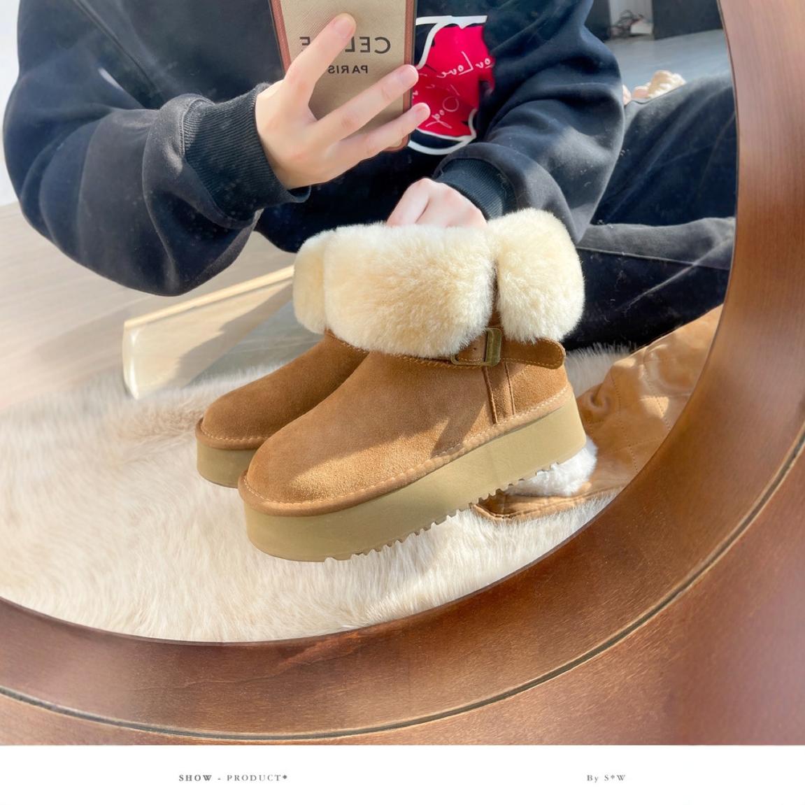 Women's Two-way Real Fur Low Cut Cowhide Wool Snow Boots