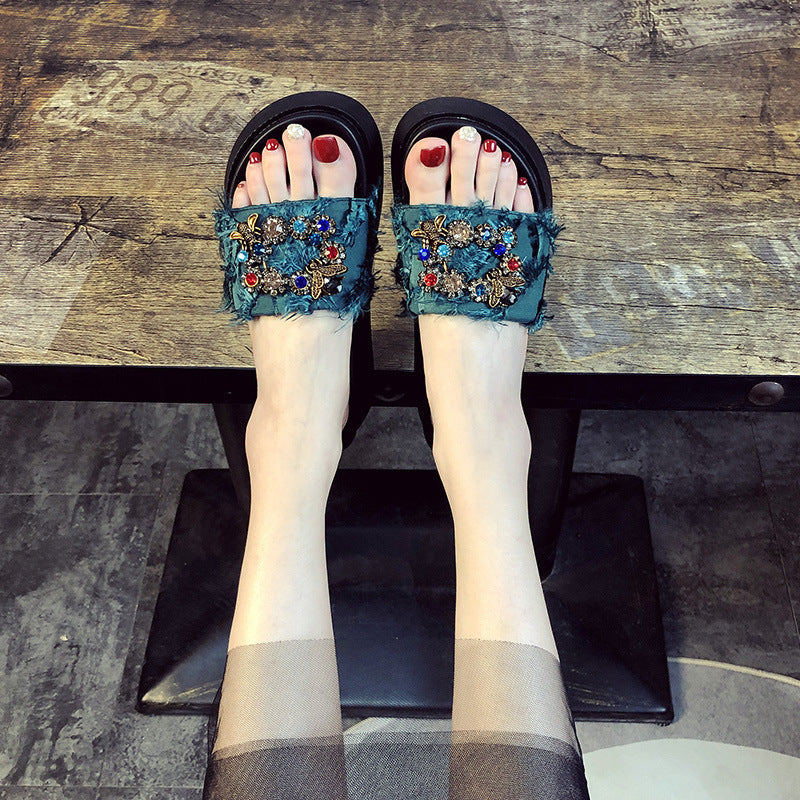 Women's Size Muffin Platform Summer Outdoor Wear Drill Buckle Height Slippers