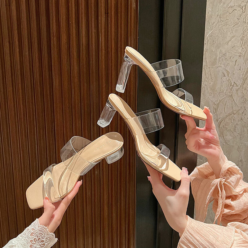 Women's Transparent Open Toe High Summer Fashion Square Strap Heels