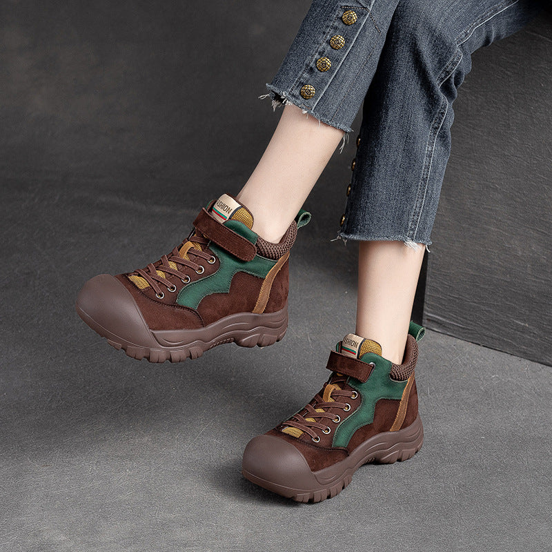 Women's Color Round Head Thick Bottom Pigskin Casual Shoes