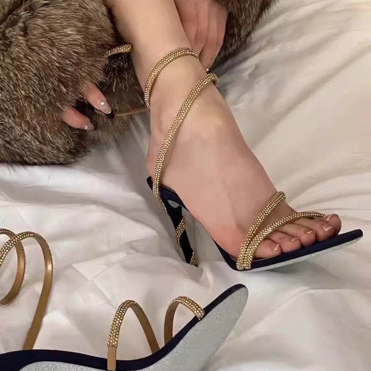 Women's Snake-shaped Round Temperament Pressure Diamond Fairy Style Heels