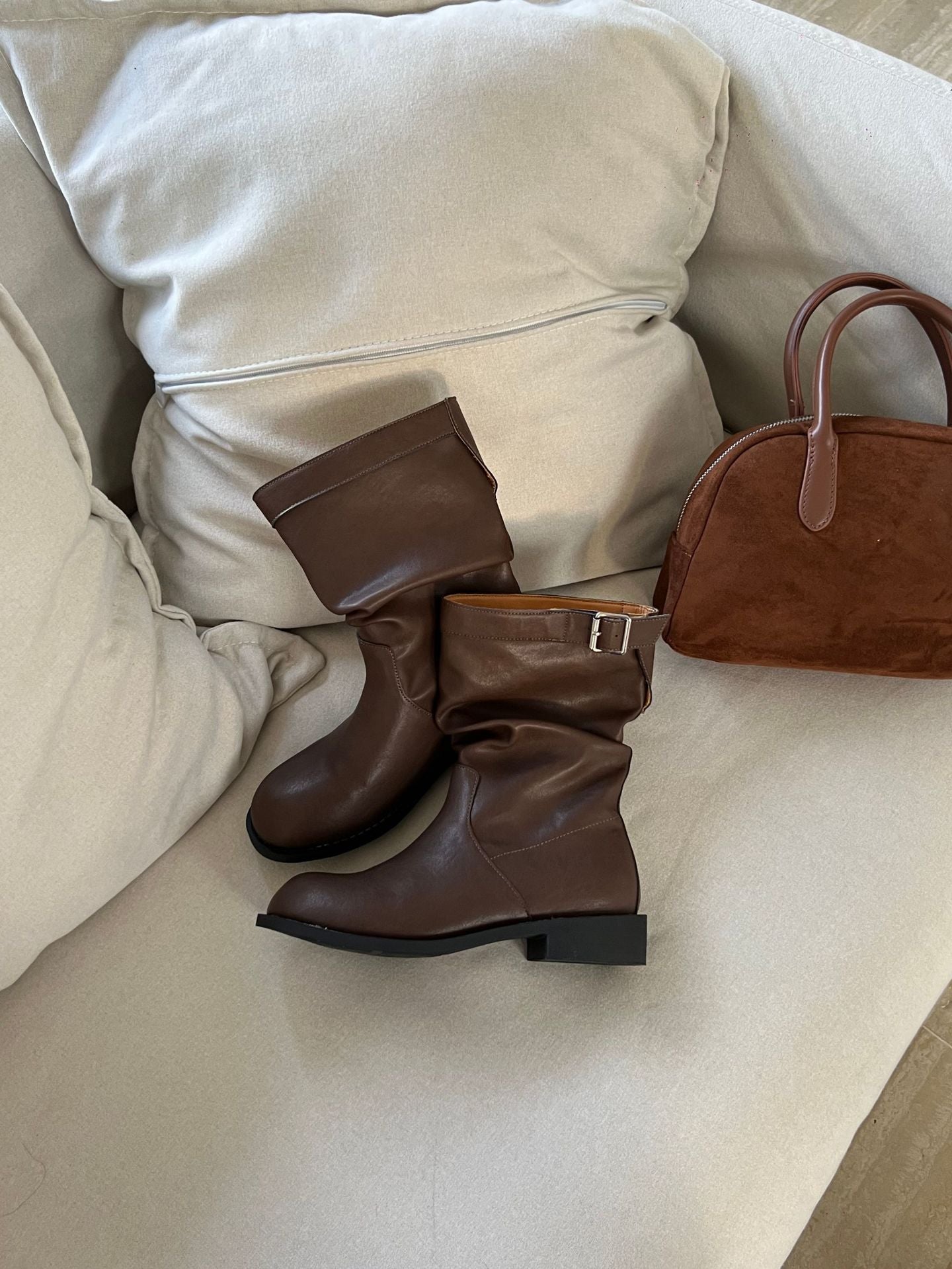 Women's For Retro Round Toe Belt Buckle Slimming Boots
