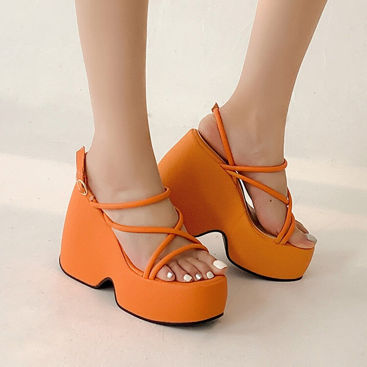 Round Toe Thin Strap Open Platform Sandals