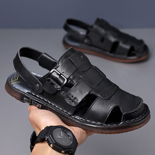 Men's Toe Outer Wear Genuine Beach Driving Full Cowhide Soft Sandals