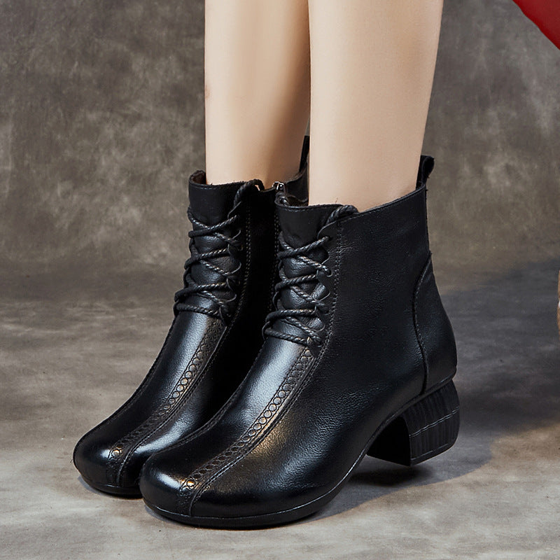 Women's Thick Fleece-lined Short Top Layer Cowhide Round Heels