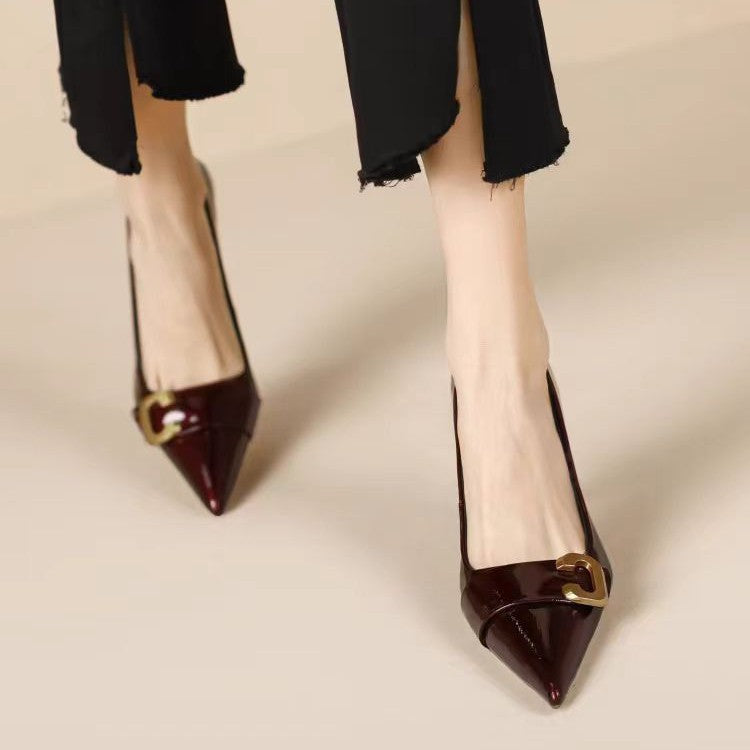 Women's Wine Red Classy High French Style Temperament Niche Low-cut Stilettos Heels