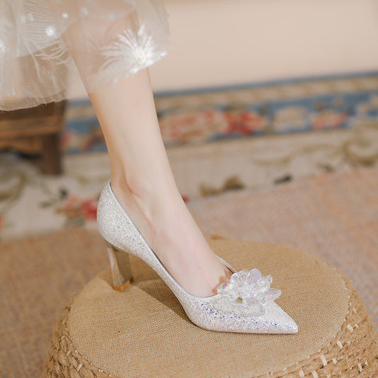 Women's Sier Shiny Wedding Dignified Rhinestone Flower Women's Shoes