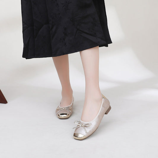 Women's & Men's Summer Sheepskin Low-cut Pumps Female Square Toe Bow Slip-on Men's Shoes