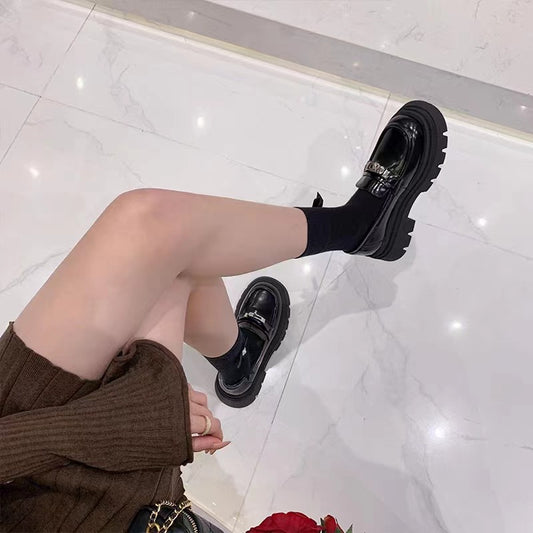Cowhide Version Black Genuine Platform Female Loafers