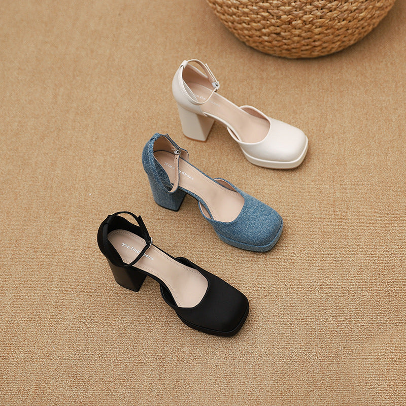 Women's Goddess Waterproof Platform Square Toe Hollow High Word Strap Heels