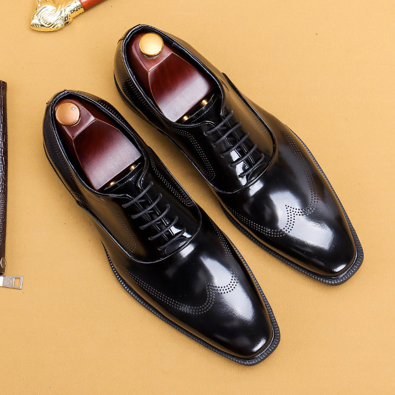 Men's Glossy Patent British Style Carving Business Leather Shoes