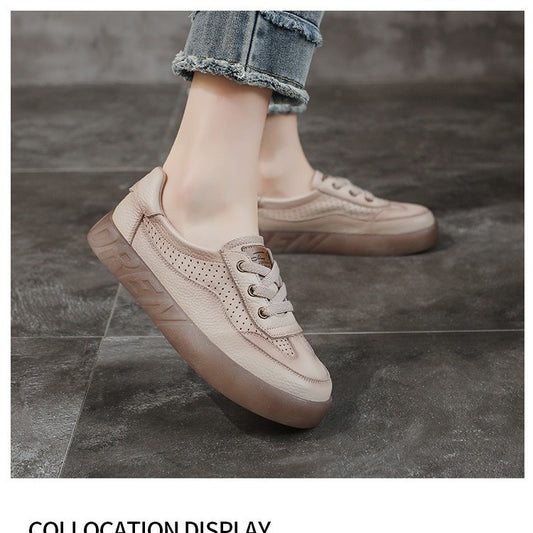 Women's Layer Cowhide Shallow Mouth Pumps Retro Casual Shoes