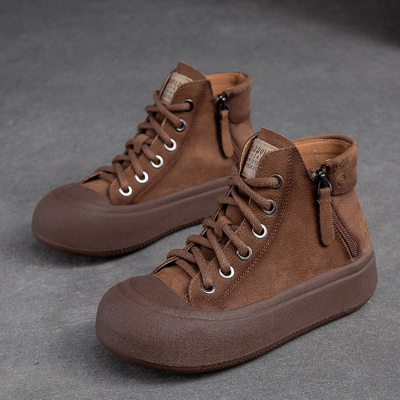 Women's Shu Side Zipper Thin First Layer Cowhide Platform Round Casual Shoes