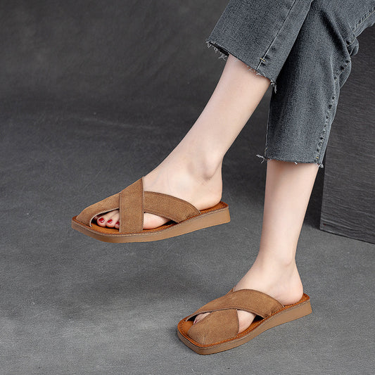 Women's Breathable First Layer Cowhide Simple Round Sandals