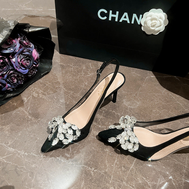 Pointed Toe Cap Back Empty Fashion Rhinestone Bow Suede Heels