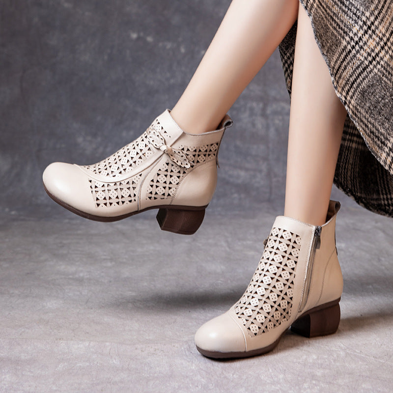 Women's Retro Thick High Round Toe Hollow Hole Heels