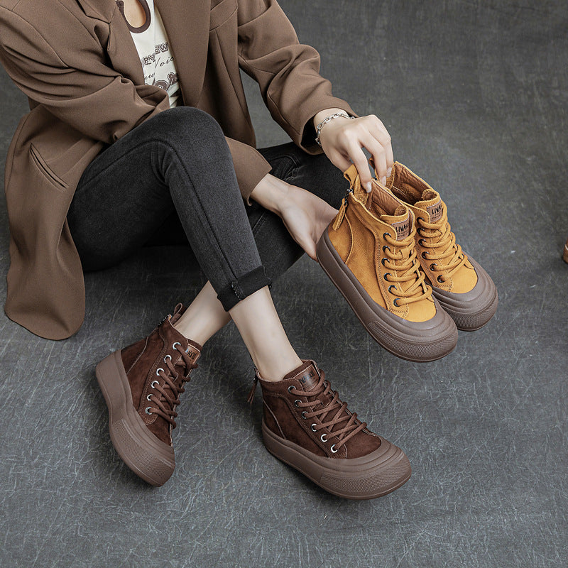 Women's Cowhide Platform Retro Ankle Autumn Genuine Large Round Boots