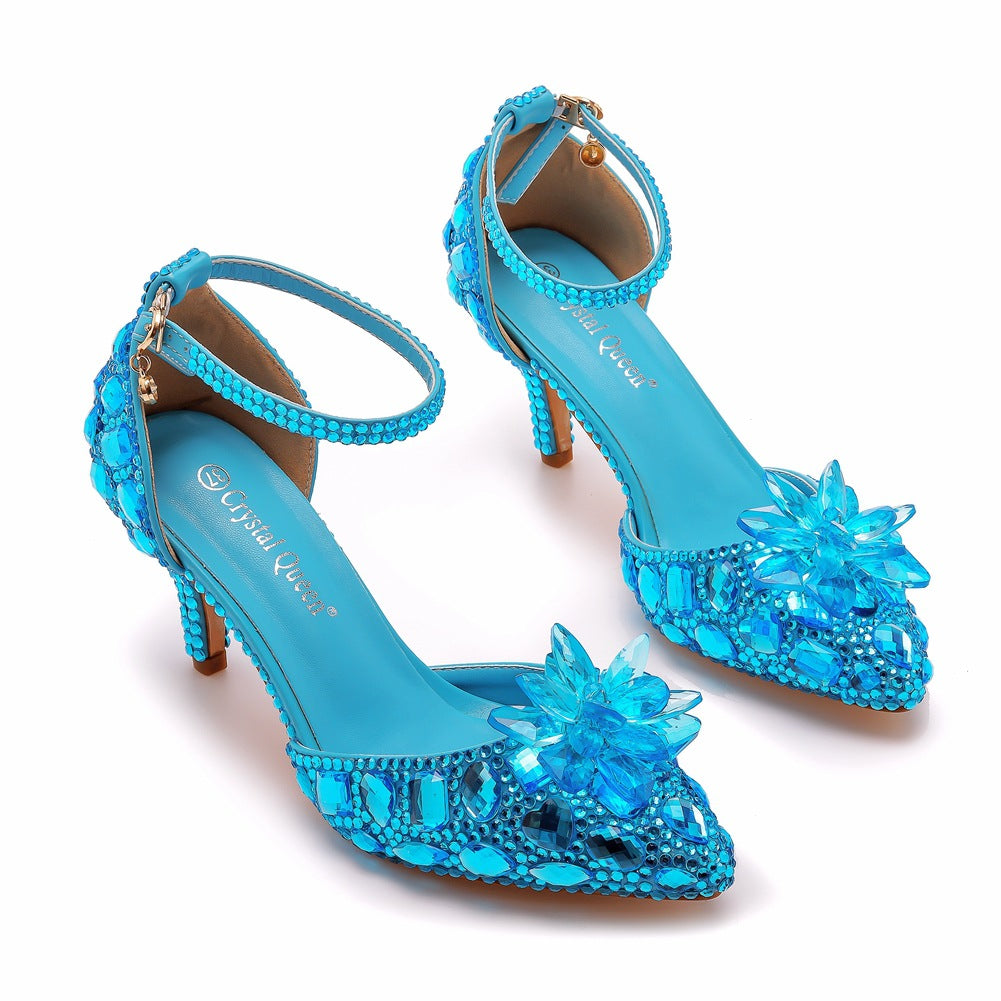 Women's Stiletto Pointed Glass Flower High Champagne Gold Heels