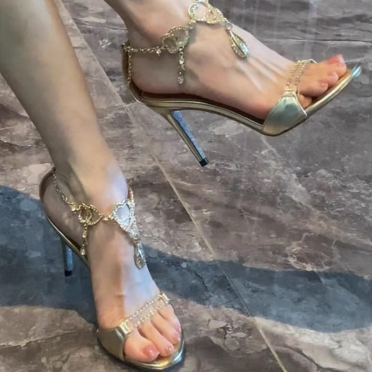 Women's High Pendant Rhinestone Gold Stiletto Round Heels