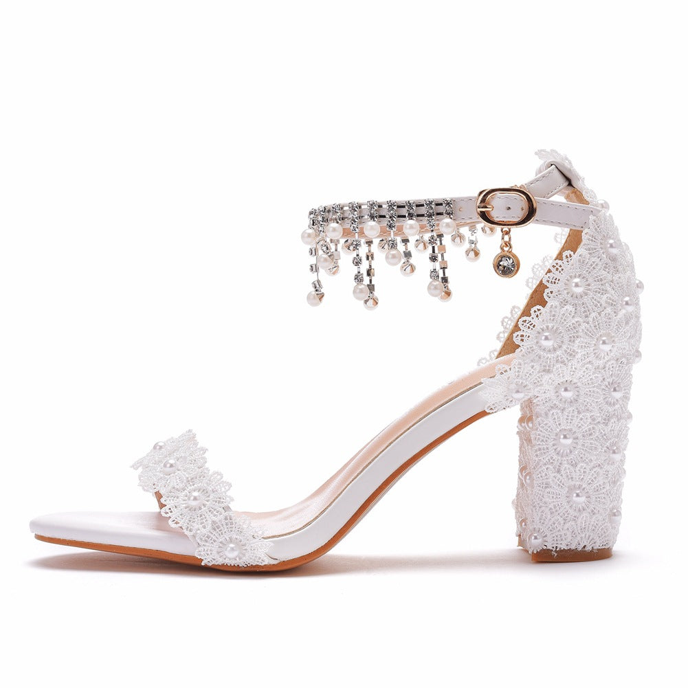 Chunky Low-cut Square White Lace Bridal Heels