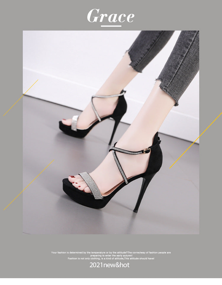 Women's Rhinestone Waterproof Platform Sexy Strap Etiquette Heels
