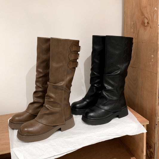 Women's Thick Bottom Chunky Pantyhose Belt Buckle Boots