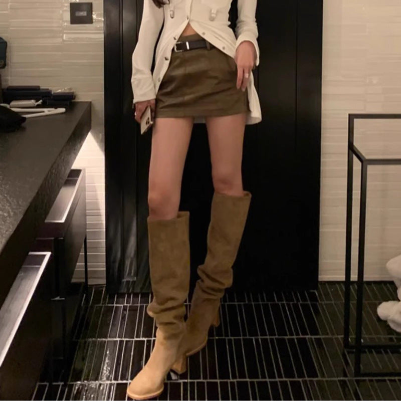 Women's Pleated Pile Style Tall Knight High-heeled Boots