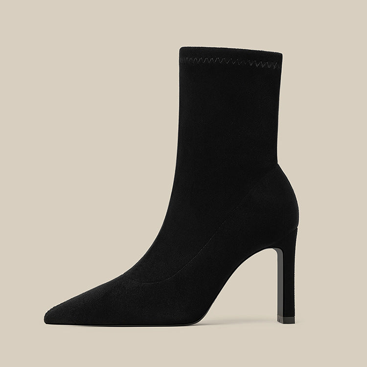 Women's Pointed Toe Stretch Ankle Suede Stiletto Design Temperament Socks Heels