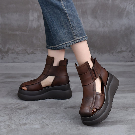 Women's Cowhide Height Increasing British Style Roman Sandals