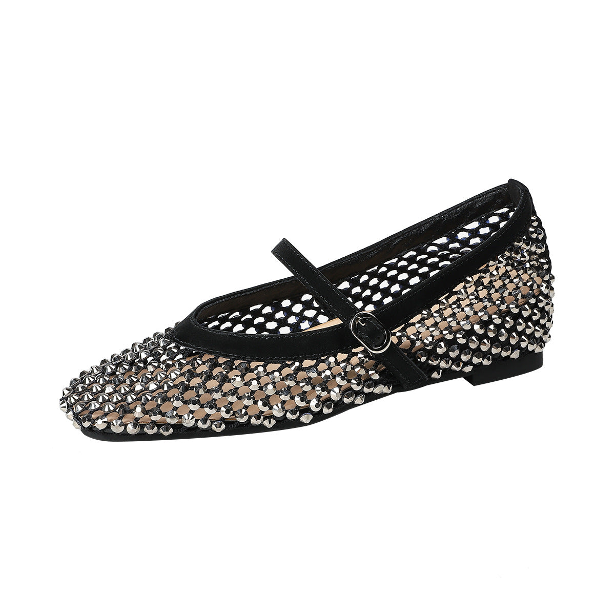 Women's Square Toe Rhinestone Mesh Hollow Out Back Open Mary Jane Women's Fashion Shoes