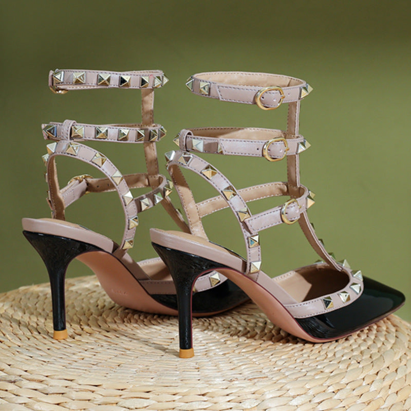 Women's Pointed Toe Cap Rivet Nude High Heels
