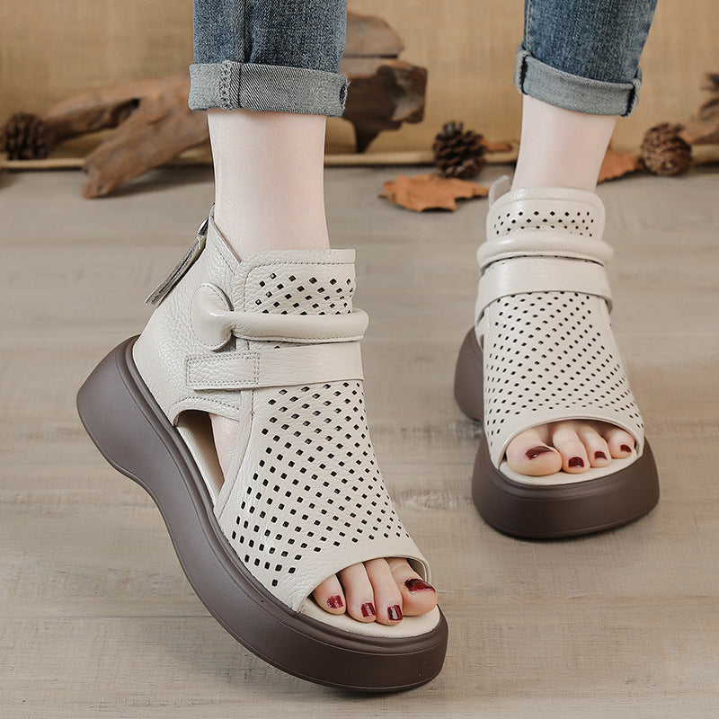 Women's Cowhide Platform Hollow Peep Toe Roman Genuine Retro Sandals
