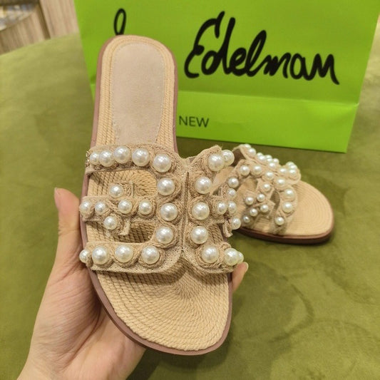 Women's Head Pearl Shell Straw Flat Outer Slippers