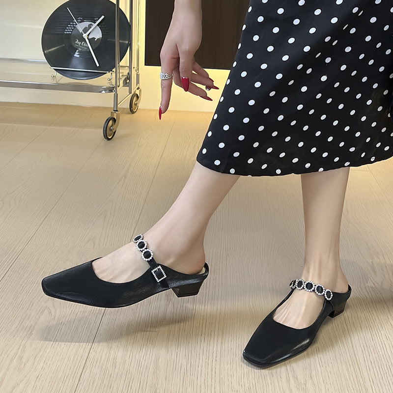 Women's Toe Low-cut Half Chunky Low Word Diamond Band Heels