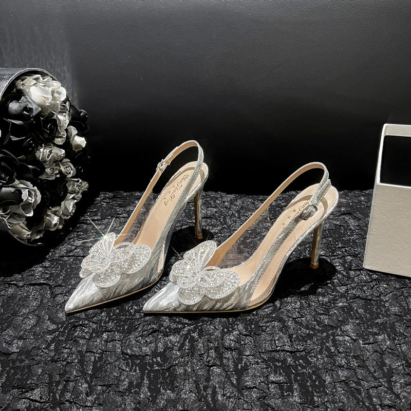 Stiletto Pointed Toe Cap Crystal Bow Heels