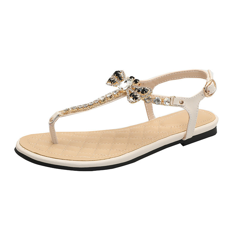 Women's Round Toe Bowknot Sweet Flat Summer Fashion Rhinestone Sandals