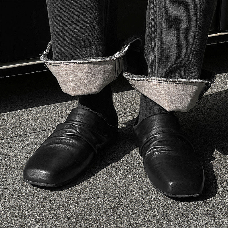Square Toe Pleated Slip-on Flat For Leather Shoes