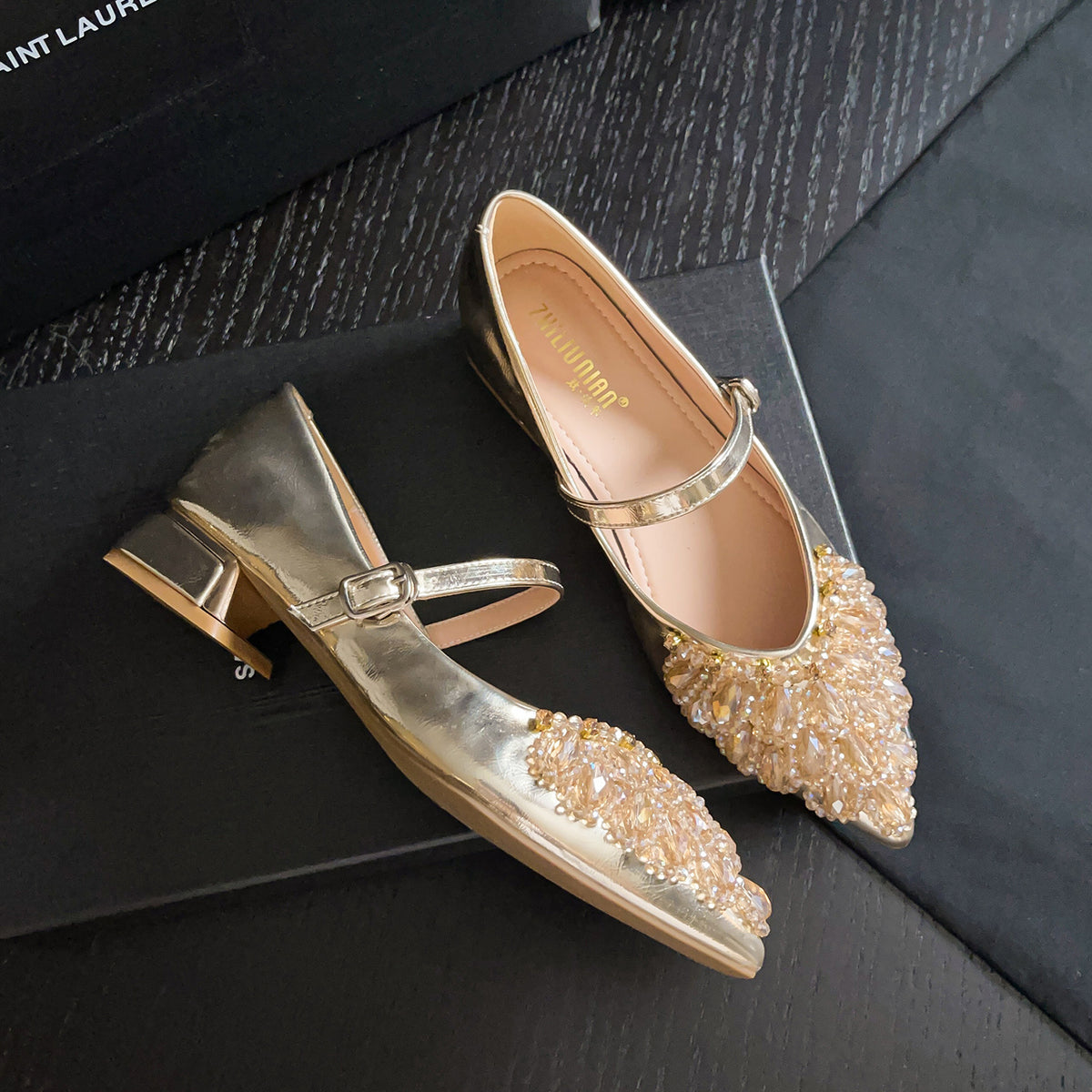 Women's Pointed Toe Mid Fairy Handmade Beaded Shallow Mouth Mary Women's Fashion Shoes