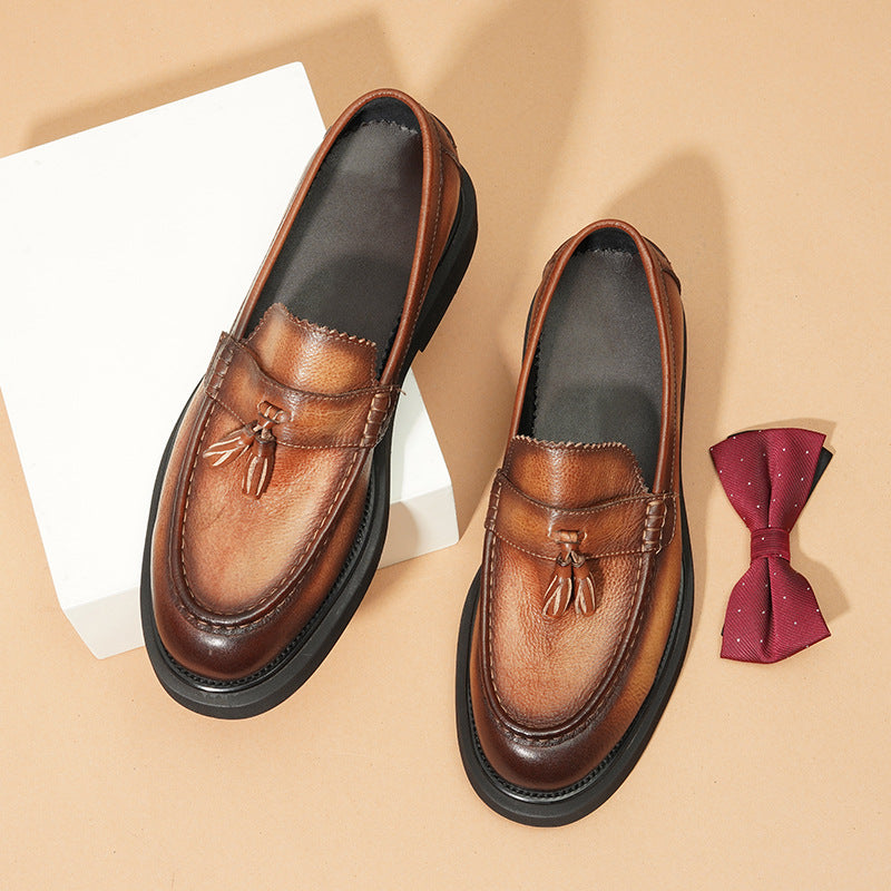 Men's First Layer Cowhide Korean Tassel Slip-on Loafers