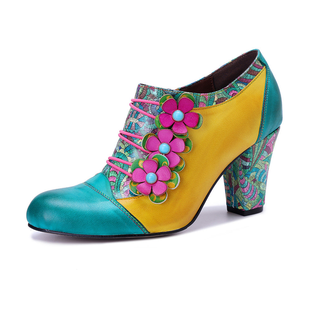 Color Matching Three-dimensional Flower Side Zipper Chunky Women's Fashion Shoes