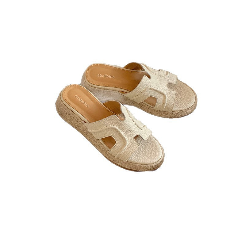 Women's Cowhide Version Rausch Straw Platform High Slippers