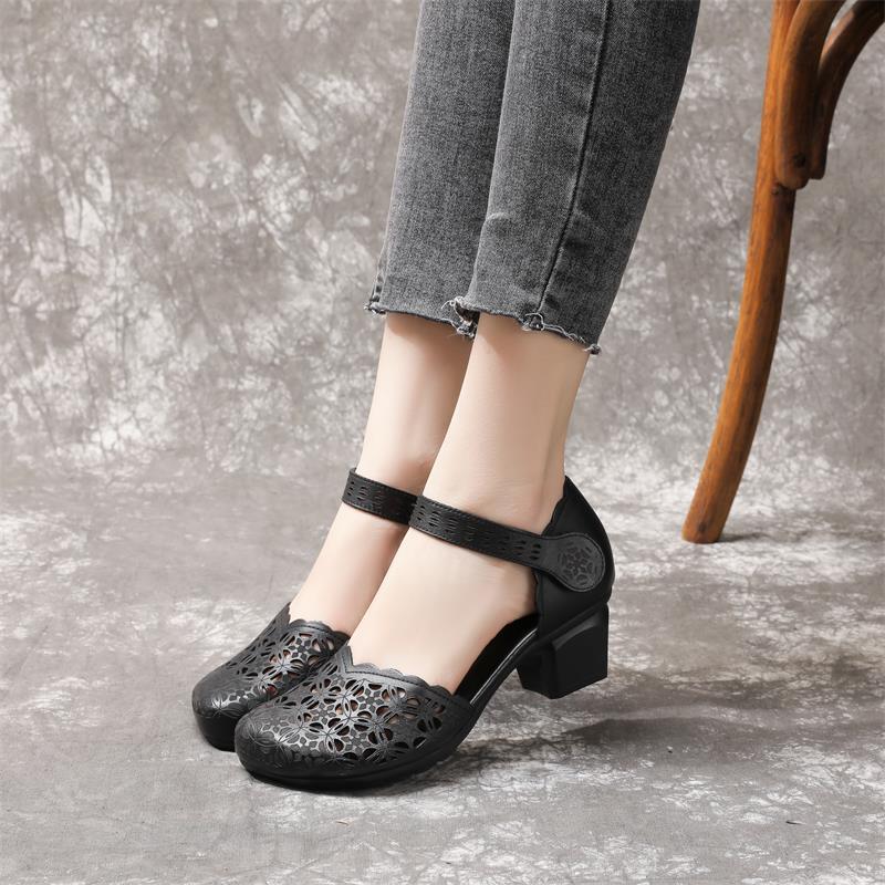 Women's First Layer Cowhide Thick Mid Round Heels